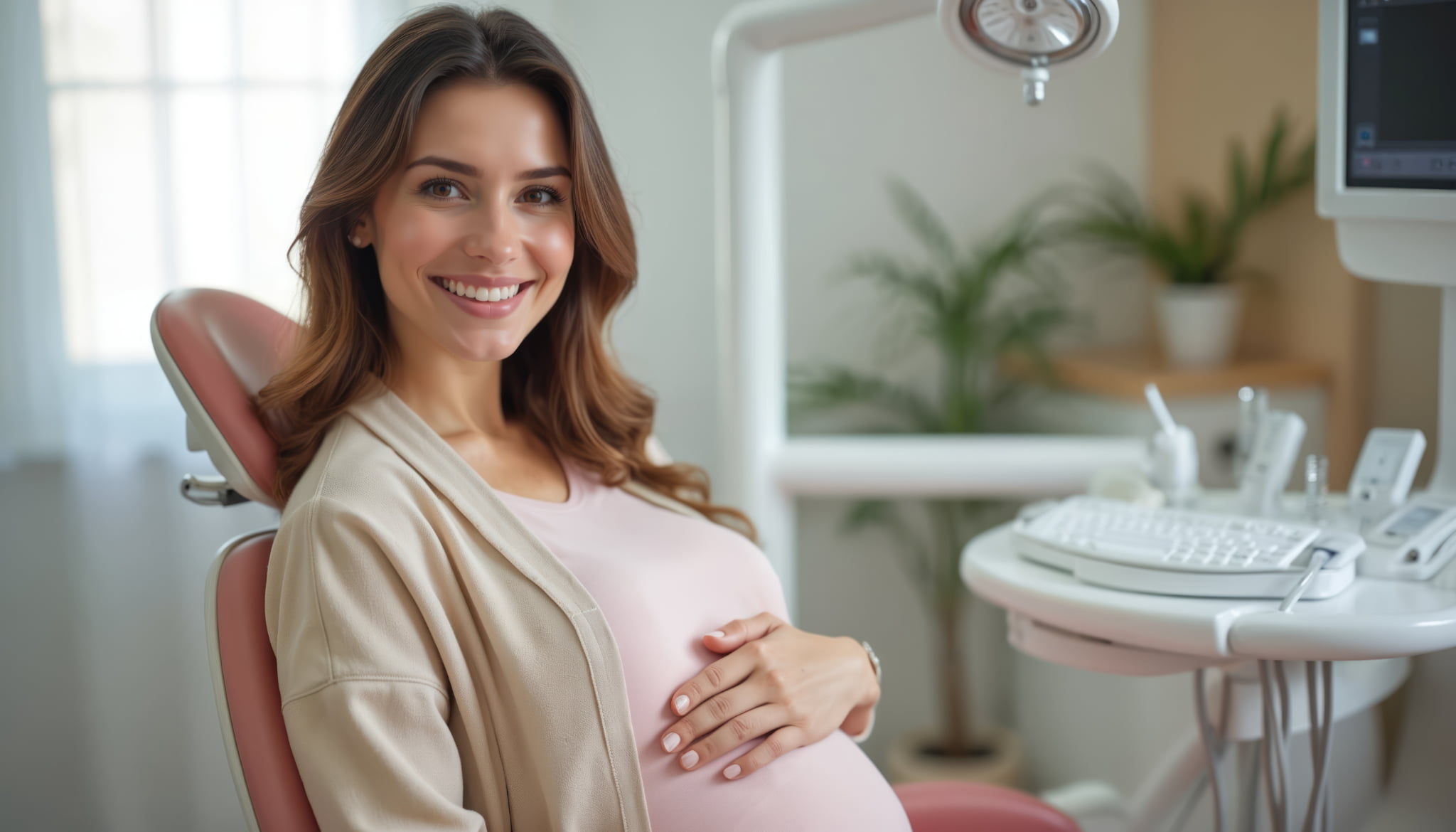 お腹に手を当てて笑顔を見せる女性