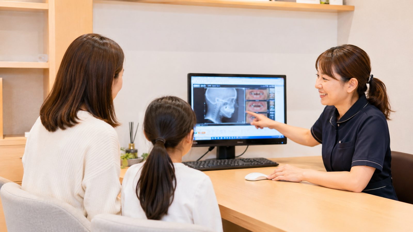 お子さまの歯並びについて保護者と相談している場面のイメージ