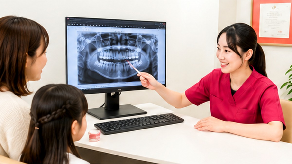 お子さまの歯の生え替わりをレントゲン画像で確認している場面のイメージ