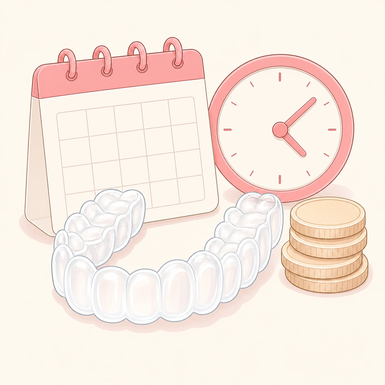 マウスピース矯正の治療期間と費用への不安を表すイラスト